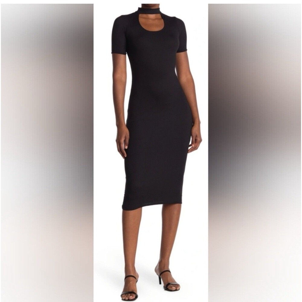 NWT LOVE ADY Black RibKnit Short Sleeve Cut Out Mid Length Dress Size Large
